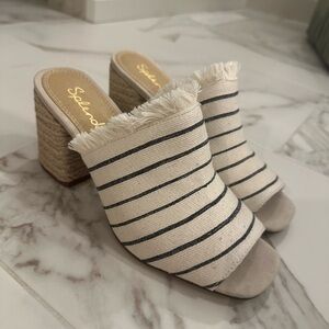 Twill/fringe mule heels NWOT